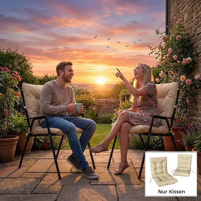 Outsunny Sitzauflage - Niederlehner, 2 Stk., L x B x H: 120 x 50 x 8 cm, Polyester, PP-Baumwolle (Polypropylenwatte), Beige - Zwei beige gepolsterte, gesteppte Stuhlkissen mit Bändern, im Gebrauch und als Produkteinsatz gezeigt.