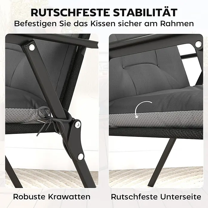 Outsunny Sitzauflage - Niederlehner, 4 Stk., Polyester, PP-Baumwolle, Dunkelgrau - Graues Stuhlkissen mit robusten Bindebändern und rutschfester Unterseite für sicheren Halt.