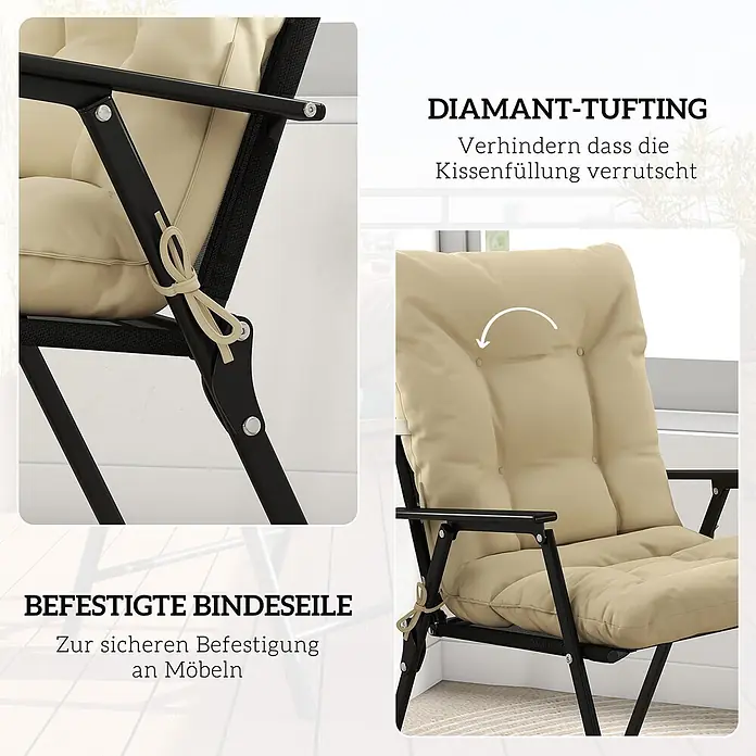 Outsunny Sitzauflage - Niederlehner, 2 Stk., L x B x H: 120 x 50 x 8 cm, Polyester, PP-Baumwolle (Polypropylenwatte), Beige - Beiges getuftetes Stuhlkissen mit Bindeseile zur Fixierung und um Verrutschen der Füllung zu verhindern.