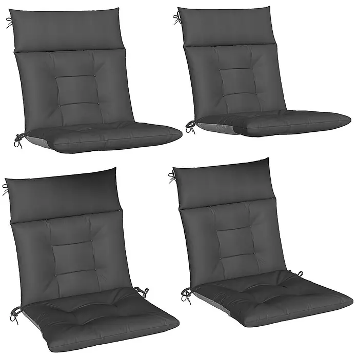 Outsunny Sitzauflage - Niederlehner, 4 Stk., Polyester, PP-Baumwolle, Dunkelgrau - Vier dunkelgraue Outdoor-Stuhlkissen mit Bändern.