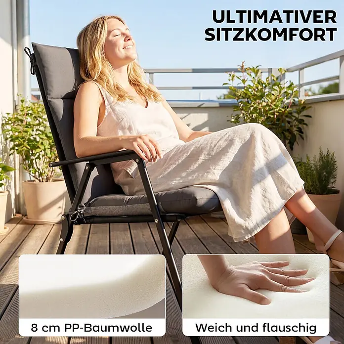 Outsunny Sitzauflage - Niederlehner, 4 Stk., Polyester, PP-Baumwolle, Dunkelgrau - Grauer gepolsterter Outdoor-Liegestuhl mit schwarzem Gestell, der höchsten Komfort für Entspannung auf dem Balkon bietet. Mit dicker, weicher 8 cm PP-Baumwollpolsterung.
