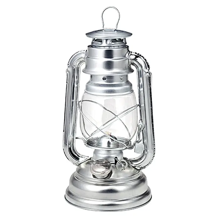 Öllampe - Silber, Höhe: 25 cm - Silberne Petroleumlampe mit klarem Glas, ideal für Camping oder als Dekoration für den Innenbereich.