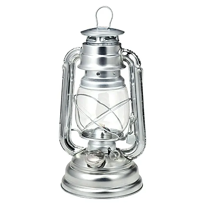 Öllampe - Silber, Höhe: 25 cm - Silberne Petroleumlampe mit klarem Glas, ideal für Camping oder als Dekoration für den Innenbereich.