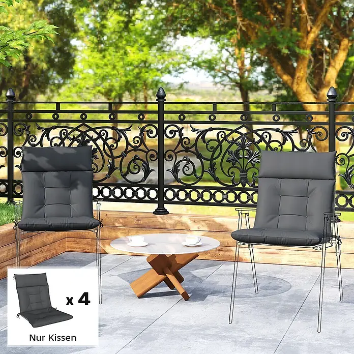 Outsunny Sitzauflage - Niederlehner, 4 Stk., Polyester, PP-Baumwolle, Dunkelgrau - Dunkelgraue Gartenstuhlauflagen in einer Außenterrasse, mit einer Einblendung von vier Auflagen.