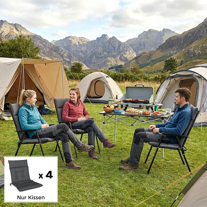Outsunny Sitzauflage - Niederlehner, 4 Stk., Polyester, PP-Baumwolle, Dunkelgrau - Vier dunkelgraue, gesteppte Sitzkissen mit Bändern, die den Komfort auf Outdoor-Campingstühlen erhöhen.