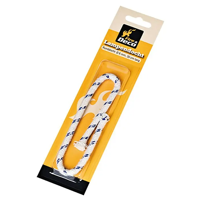 Lampendocht - Länge: 30 cm, Durchmesser: 6 mm - Ein Lampendocht der Marke Fire & Deco, 0,6 mm dick und 30 cm lang, in einer gelben Verpackung mit schwarzem Boden.
