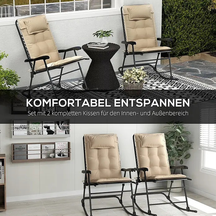 Outsunny Sitzauflage - Hochlehner, 2 Stk., 100% Polyester, Beige - Zwei schwarze Schaukelstühle mit beigefarbenen Kissen, geeignet für entspanntes Sitzen im Innen- und Außenbereich.