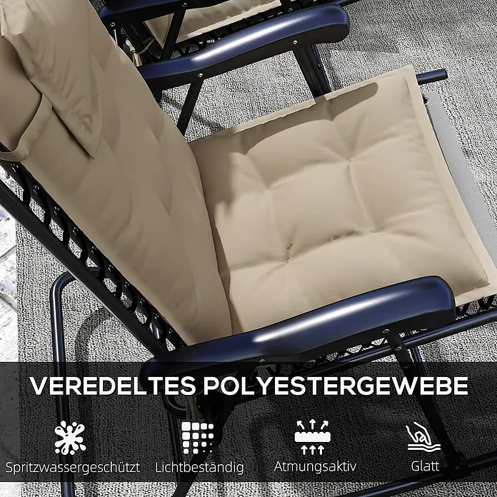 Outsunny Sitzauflage - Hochlehner, 2 Stk., 100% Polyester, Beige - Beiges gepolstertes Polyester-Liegestuhlkissen auf schwarzem Gestell.