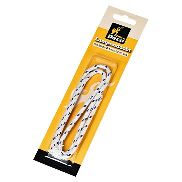 Lampendocht - Länge: 60 cm, Durchmesser: 4 mm - Produktabbildung eines Lampendochts von Fire & Deco, rund, 4 mm Durchmesser und 60 cm lang, verpackt in gelber Blisterverpackung.