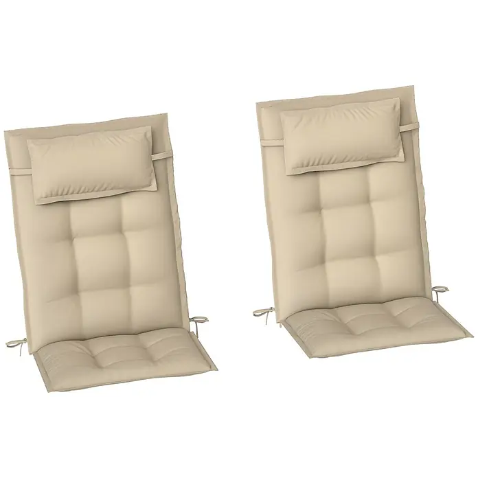 Outsunny Sitzauflage - Hochlehner, 2 Stk., 100% Polyester, Beige - Zwei beige Stuhlkissen mit gesteppten Abschnitten, integrierten Kopfstützen und Befestigungsbändern.