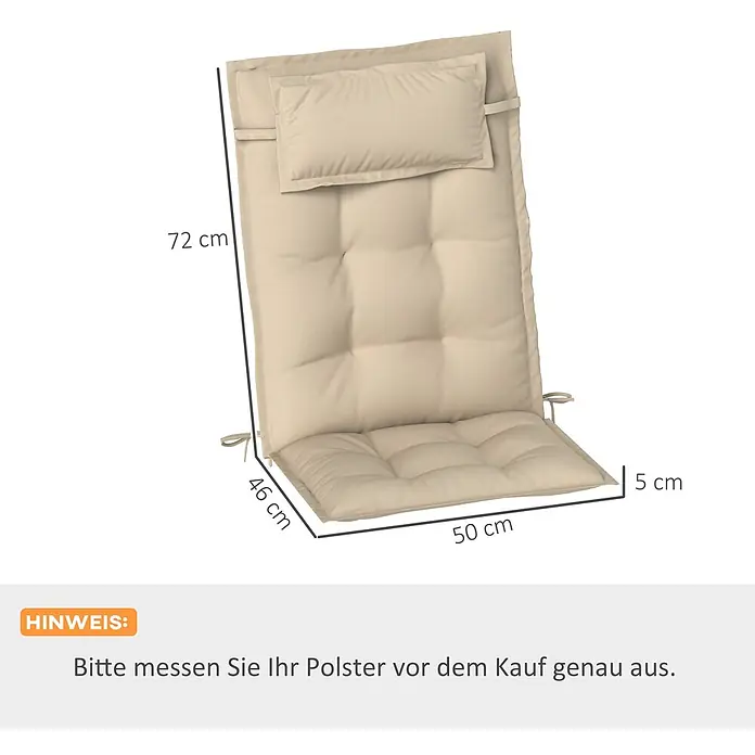Outsunny Sitzauflage - Hochlehner, 2 Stk., 100% Polyester, Beige - Beige Stuhlauflage mit Kopfkissen und Bändern. Abmessungen sind angegeben.