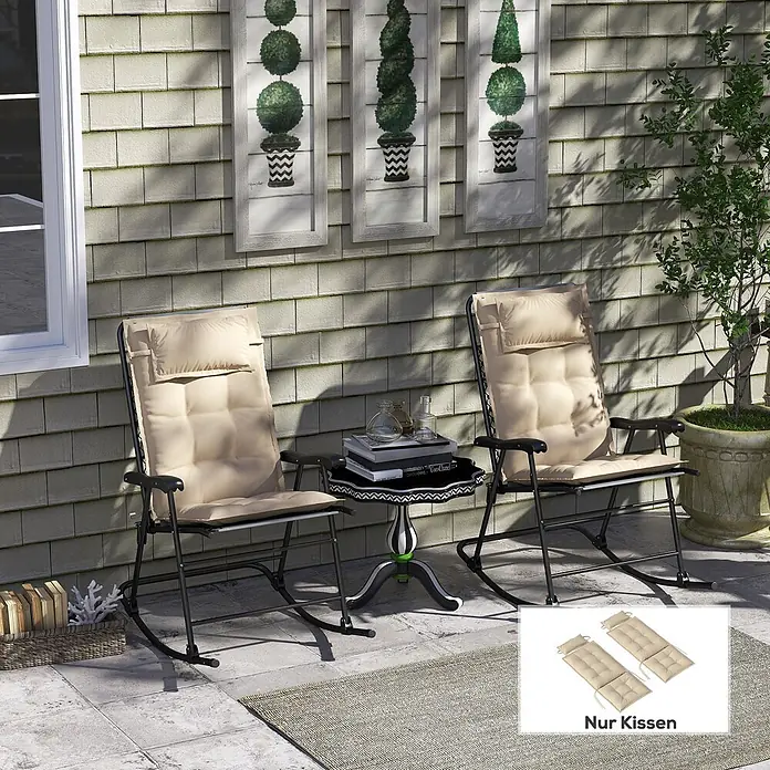 Outsunny Sitzauflage - Hochlehner, 2 Stk., 100% Polyester, Beige - Zwei beige Outdoor-Stuhlkissen für Schaukelstühle, auf einer Terrasse gezeigt. Ein Einschub zeigt die Kissen separat.