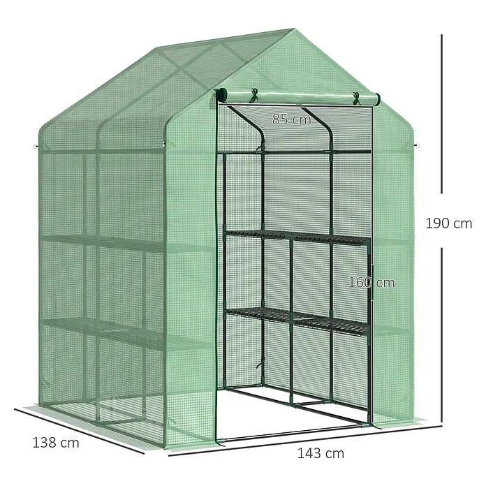 Outsunny Gewächshaus - 143 x 138 cm, 4 mm, Schwarz - Grünes begehbares Gewächshaus mit Regalen, 190 cm hoch, 143 cm breit und 138 cm tief.