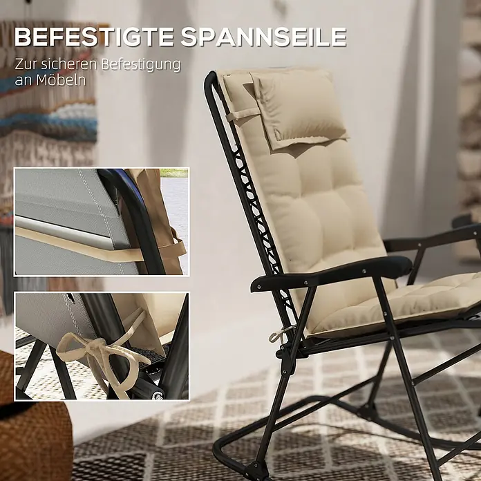 Outsunny Sitzauflage - Hochlehner, 2 Stk., 100% Polyester, Beige - Beige gepolsterter Liegestuhl mit schwarzem Gestell, gesichert mit integrierten Gurten und Bändern.