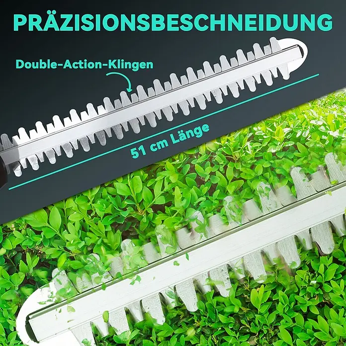 Outsunny Akku-Heckenschere Blau, 86cm x 17cm x 17cm - 18 V, Li-Ionen, 4 Akkus, Schnittlänge: 51 cm - Silberne Doppel-Action Heckenscheren-Messer schneiden eine grüne Hecke, für Präzisionsbescheidung und 51 cm Länge.