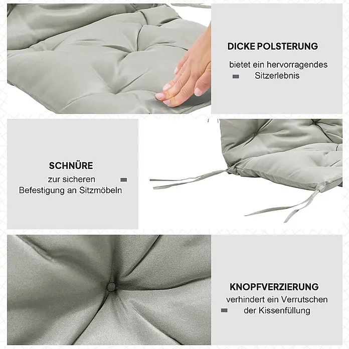 Outsunny Sitzauflage - Niederlehner, 2 Stk., Polyester, Schaumstoff, Hellgrau - Graues, dick gepolstertes Sitzkissen mit Knopfheftung und Schnüren zur Befestigung.