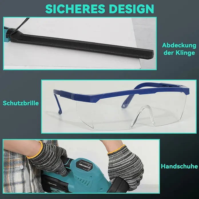 Outsunny Akku-Heckenschere Blau, 86cm x 17cm x 17cm - 18 V, Li-Ionen, 4 Akkus, Schnittlänge: 51 cm - Sicherheitszubehör: schwarze Klingenabdeckung, blaue Schutzbrille und gestreifte Handschuhe für Werkzeugbedienung.