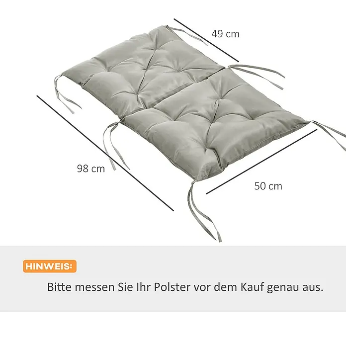 Outsunny Sitzauflage - Niederlehner, 2 Stk., Polyester, Schaumstoff, Hellgrau - Graues, gestepptes Kissen mit Bändern, Gesamtlänge 98 cm, Breite 50/49 cm.