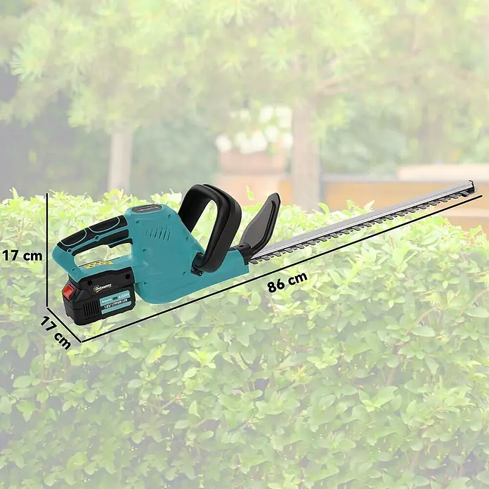 Outsunny Akku-Heckenschere Blau, 86cm x 17cm x 17cm - 18 V, Li-Ionen, 4 Akkus, Schnittlänge: 51 cm - Türkiser und schwarzer Akku-Heckenschneider, 86 cm lang und 17 cm hoch.