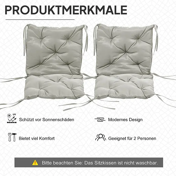 Outsunny Sitzauflage - Niederlehner, 2 Stk., Polyester, Schaumstoff, Hellgrau - Zwei graue, gesteppte Stuhlkissen mit Bindebändern für mehr Sitzkomfort.