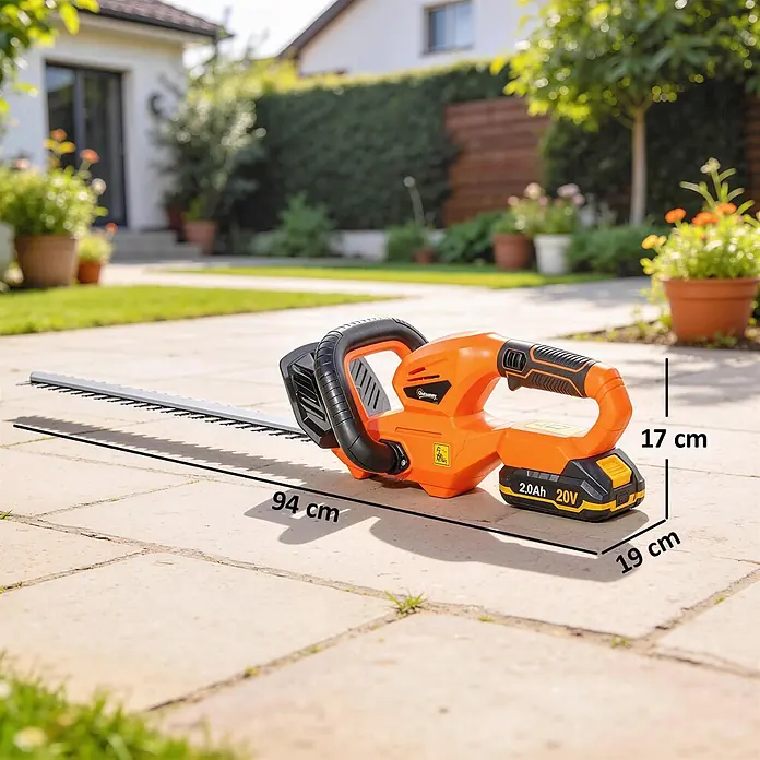 Outsunny Akku-Heckenschere Orange, 94cm x 19cm x 17cm - 18 V, Li-Ionen, 1 Akku, Schnittlänge: 51 cm - Orange-schwarze Akku-Heckenschere mit 20V Akku auf einer Gartenterrasse. Ihre Maße sind 94 cm Länge, 17 cm Höhe und 19 cm Breite.