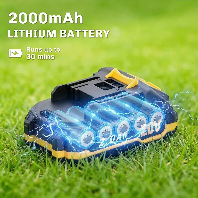 Outsunny Akku-Heckenschere Orange, 94cm x 19cm x 17cm - 18 V, Li-Ionen, 1 Akku, Schnittlänge: 51 cm - Schwarz-gelber 2000mAh Lithium-Ionen-Akku mit sichtbaren Zellen und blauen elektrischen Funken.