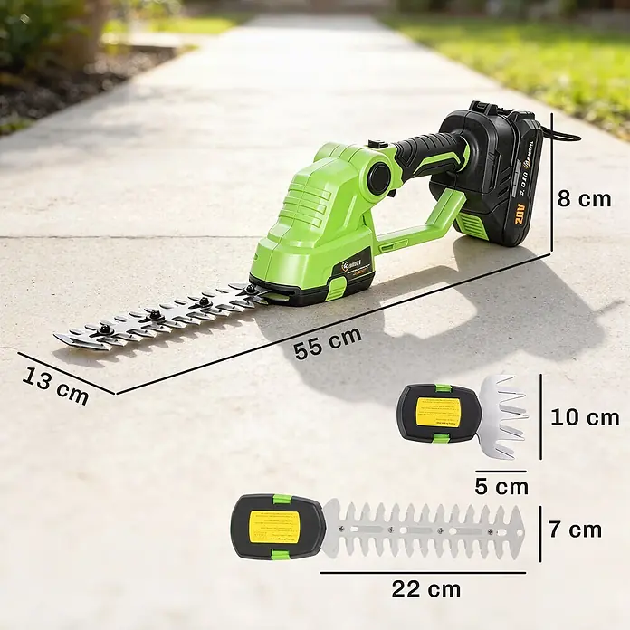 Outsunny Akku-Heckenschere - 240 V, Li-Ionen, 4 Akkus, Schnittlänge: 20 cm - Grüner und schwarzer Akku-Heckenschneider mit Batterie und zwei austauschbaren Klingen für Hecken und Gras, mit Maßen.
