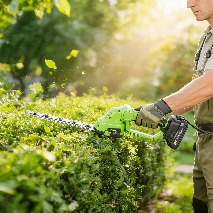 Outsunny Akku-Heckenschere - 240 V, Li-Ionen, 4 Akkus, Schnittlänge: 20 cm - Eine Person trimmt eine Hecke mit einem grünen Akku-Heckenschneider mit schwarzem Akku.