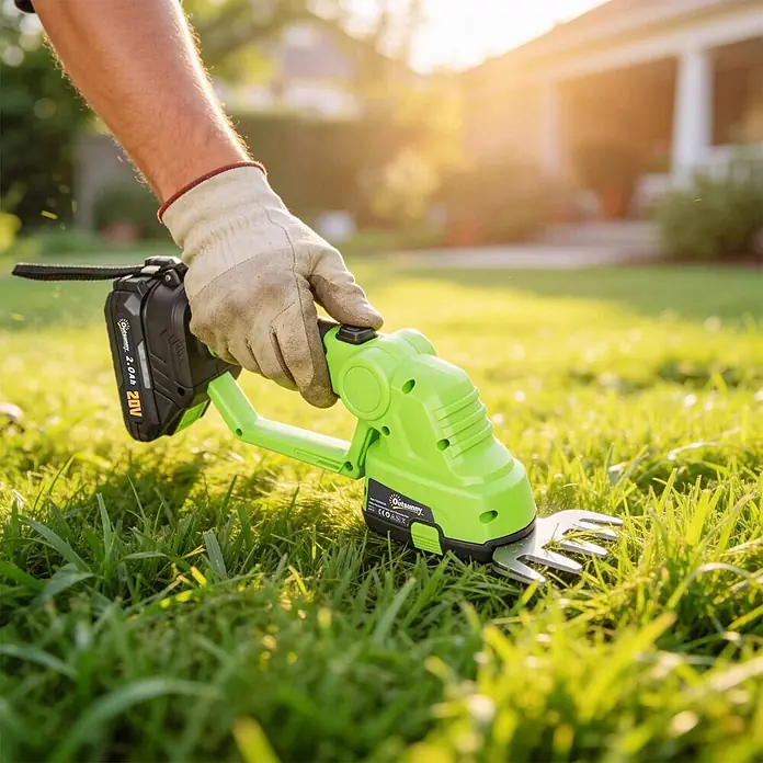 Outsunny Akku-Heckenschere - 240 V, Li-Ionen, 4 Akkus, Schnittlänge: 20 cm - Grüne und schwarze Akku-Grasschere, von einer behandschuhten Hand gehalten, trimmt Rasen im sonnigen Garten.