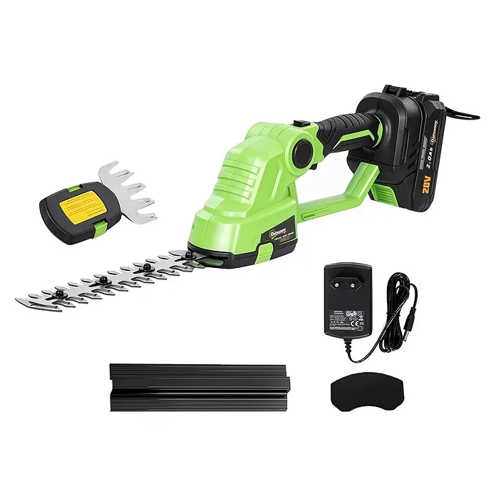 Outsunny Akku-Heckenschere - 240 V, Li-Ionen, 4 Akkus, Schnittlänge: 20 cm - Grünes und schwarzes Akku-Heckenscheren-Set mit zwei Wechselklingen, Akku, Ladegerät und Klingenschutz.