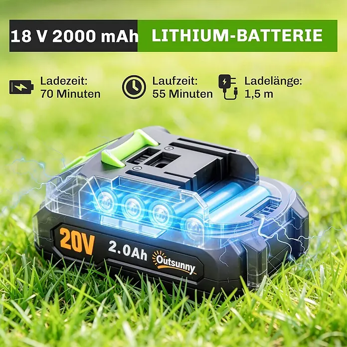 Outsunny Akku-Heckenschere - 240 V, Li-Ionen, 4 Akkus, Schnittlänge: 20 cm - 18V 2000mAh Outsunny Lithium-Ionen-Akku (20V 2.0Ah Aufschrift). 70 Min. Ladezeit, 55 Min. Laufzeit.