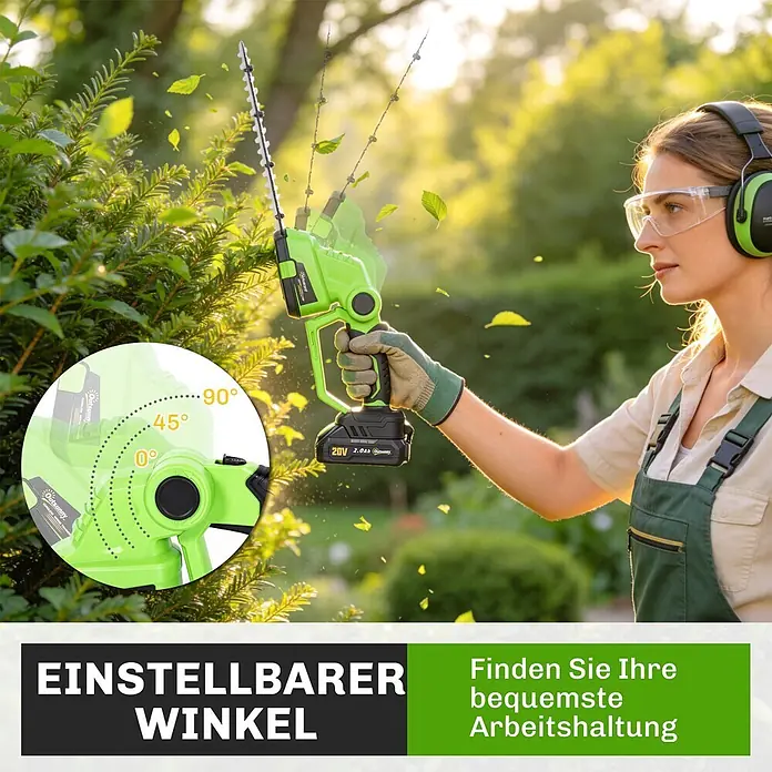 Outsunny Akku-Heckenschere - 240 V, Li-Ionen, 4 Akkus, Schnittlänge: 20 cm - Eine Frau trimmt eine Hecke mit einer grünen Akku-Heckenschere mit verstellbarem Kopf.