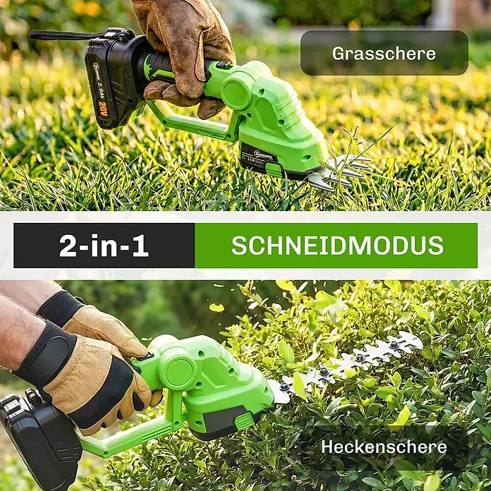 Outsunny Akku-Heckenschere - 240 V, Li-Ionen, 4 Akkus, Schnittlänge: 20 cm - Ein grün-schwarzer 2-in-1 Akku-Gras- und Heckenschneider wird zum Schneiden von Gras und Hecken verwendet.