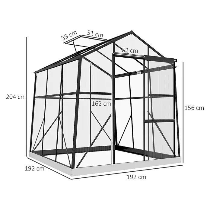 Outsunny Gewächshaus - 192 x 192 cm, 4 mm, Schwarz - Schwarz gerahmtes Gewächshaus mit transparenten Paneelen und Dachfenster, Basis 192x192 cm, Höhe 204 cm.