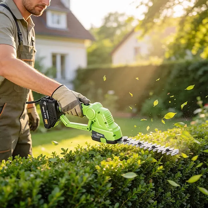 Outsunny Akku-Heckenschere - 240 V, Li-Ionen, 4 Akkus, Schnittlänge: 20 cm - Eine Person stutzt eine grüne Hecke mit einer grünen und schwarzen Akku-Heckenschere, Blätter fliegen.