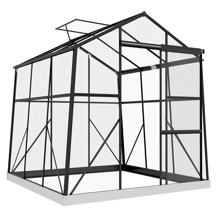 Outsunny Gewächshaus - 192 x 192 cm, 4 mm, Schwarz - Schwarz umrandetes Gewächshaus mit transparenten Platten und offenem Dachfenster auf grauem Sockel.