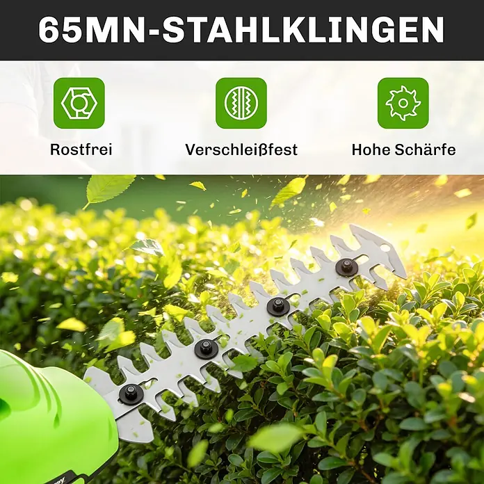 Outsunny Akku-Heckenschere - 240 V, Li-Ionen, 4 Akkus, Schnittlänge: 20 cm - 65Mn-Stahl-Heckenscherenklingen schneiden eine grüne Hecke, Blätter fliegen.