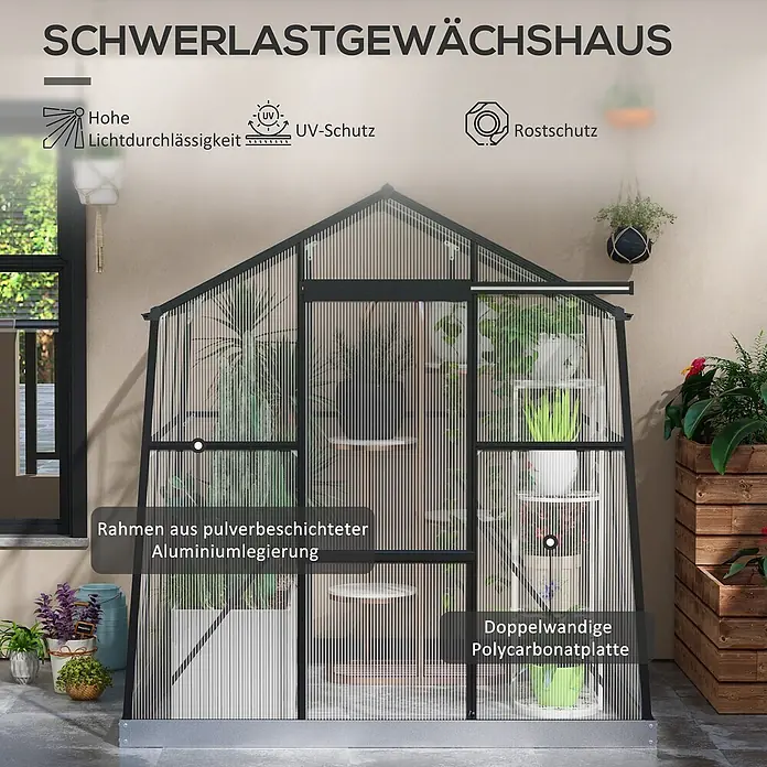 Outsunny Gewächshaus - 192 x 192 cm, 4 mm, Schwarz - Robustes Gewächshaus mit schwarzem pulverbeschichtetem Aluminiumrahmen und doppelwandigen Polycarbonatplatten, gefüllt mit Pflanzen.