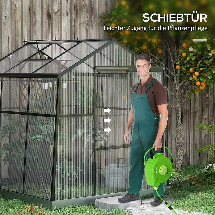 Outsunny Gewächshaus - 192 x 192 cm, 4 mm, Schwarz - Großes Gewächshaus mit Schiebetür und lichtdurchlässigen Platten im Garten für einfachen Zugang zur Pflanzenpflege.