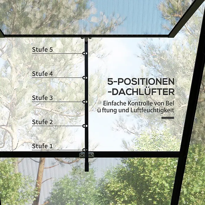 Outsunny Gewächshaus - 192 x 192 cm, 4 mm, Schwarz - Schwarzer 5-Positionen-Dachlüfter aus Metall zur präzisen Belüftungssteuerung.