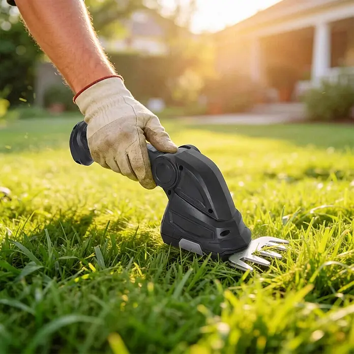 Outsunny Akku-Heckenschere - 7,2 V, Li-Ionen, 2 Akkus, Schnittlänge: 10 cm - Eine Hand in einem Arbeitshandschuh trimmt mit einem schwarzen elektrischen Grasschneider Gras im Freien.
