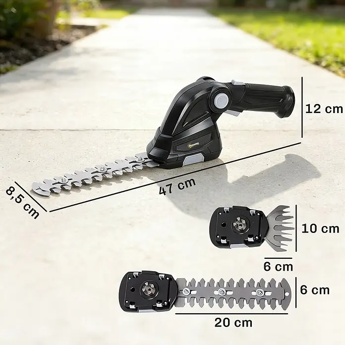 Outsunny Akku-Heckenschere - 7,2 V, Li-Ionen, 2 Akkus, Schnittlänge: 10 cm - Schwarze kabellose Heckenschere/Rasentrimmer, 47x12 cm. Mit 8,5 cm breiter Klinge, sowie austauschbaren 20x6 cm Heckenscheren- und 10x6 cm Grasscherenklingen.