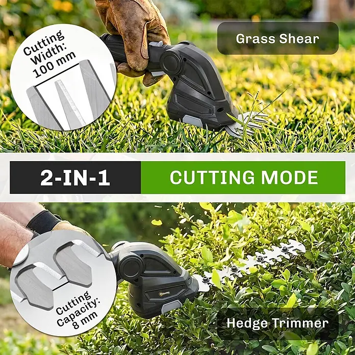 Outsunny Akku-Heckenschere - 7,2 V, Li-Ionen, 2 Akkus, Schnittlänge: 10 cm - Ein schwarz-graues 2-in-1 Werkzeug, als Grasschere für Gras und als Heckenschere für Hecken genutzt.