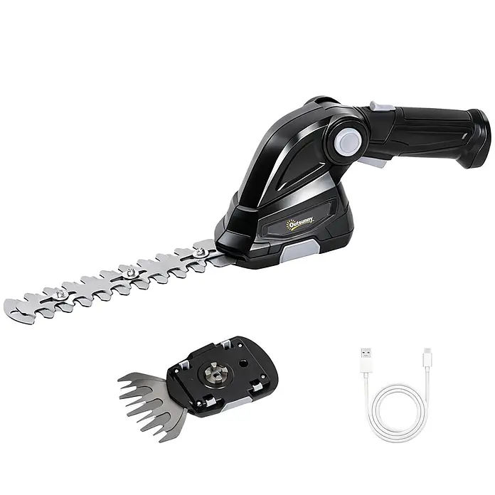 Outsunny Akku-Heckenschere - 7,2 V, Li-Ionen, 2 Akkus, Schnittlänge: 10 cm - Schwarze und graue Akku-Heckenschere mit langer Klinge, kurzem Grasscherenaufsatz und USB-Ladekabel.