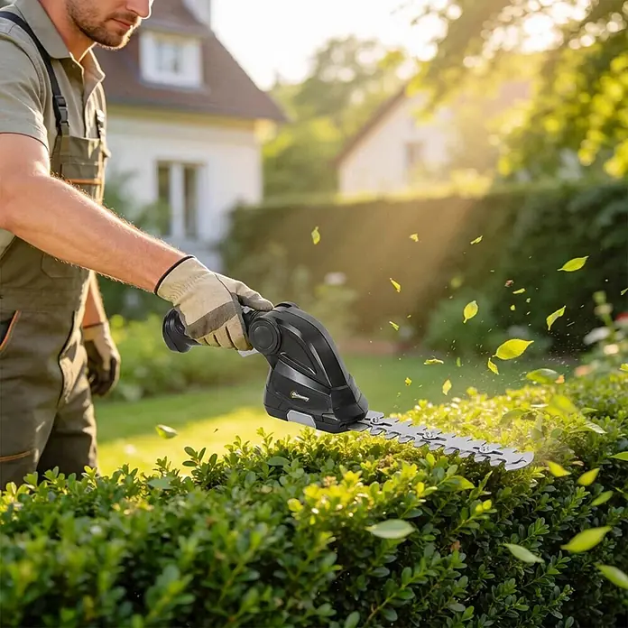 Outsunny Akku-Heckenschere - 7,2 V, Li-Ionen, 2 Akkus, Schnittlänge: 10 cm - Mann trimmt eine grüne Hecke mit einem schwarzen und silbernen Akku-Heckenschneider, dessen scharfe Klingen in Aktion sind.