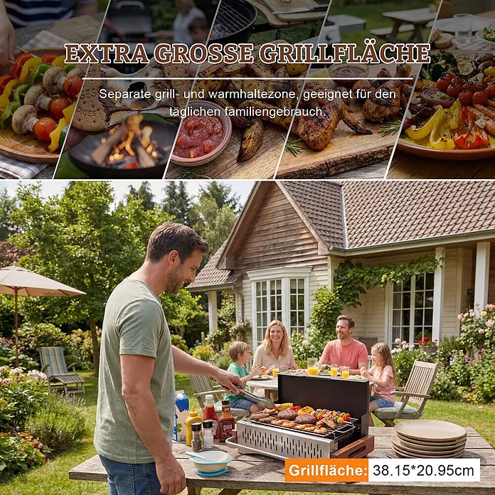 HOMAVO Holzkohlegrill - schwarz - Ein Mann grillt für seine Familie im Garten auf einem tragbaren Edelstahlgrill mit großer Grillfläche (38.15x20.95cm).