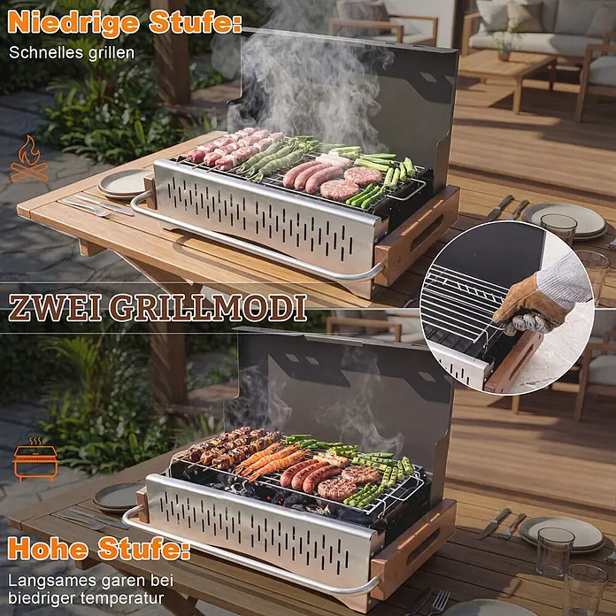 HOMAVO Holzkohlegrill - schwarz - Kompakter Edelstahlgrill mit Holzdetails, mit zwei einstellbaren Rosthöhen für schnelles und langsames Grillen.