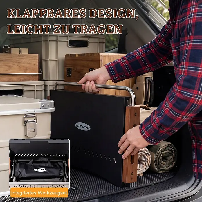 HOMAVO Holzkohlegrill - schwarz - Person lädt einen schwarzen, faltbaren Outdoor-Kocher mit Holz-Akzenten und Metallgriff in ein Auto. Detailbild zeigt integriertes Werkzeugset.