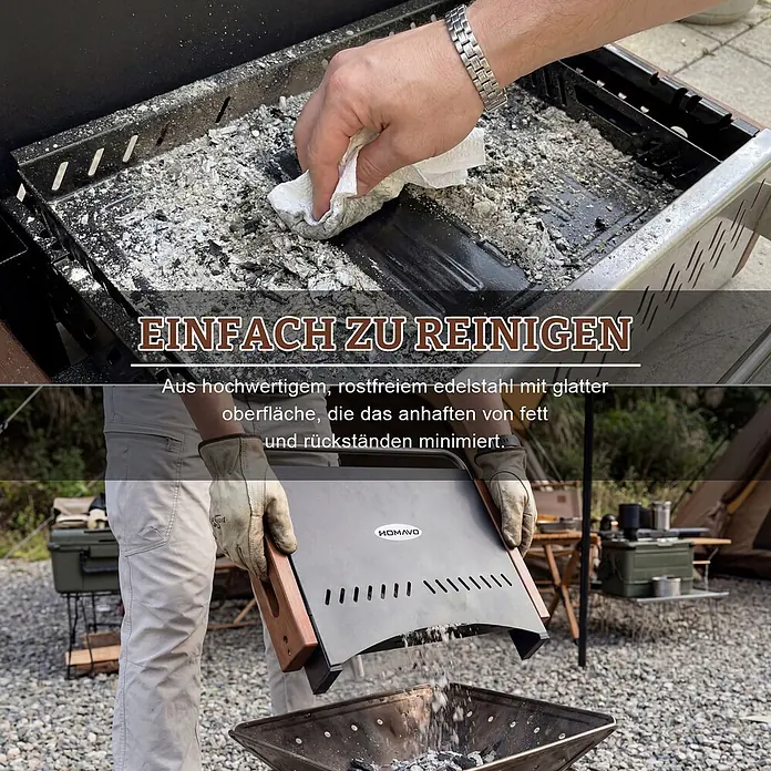 HOMAVO Holzkohlegrill - schwarz - Edelstahl-Grillwanne wird gereinigt und geleert, betont ihre glatte, leicht zu reinigende Oberfläche.