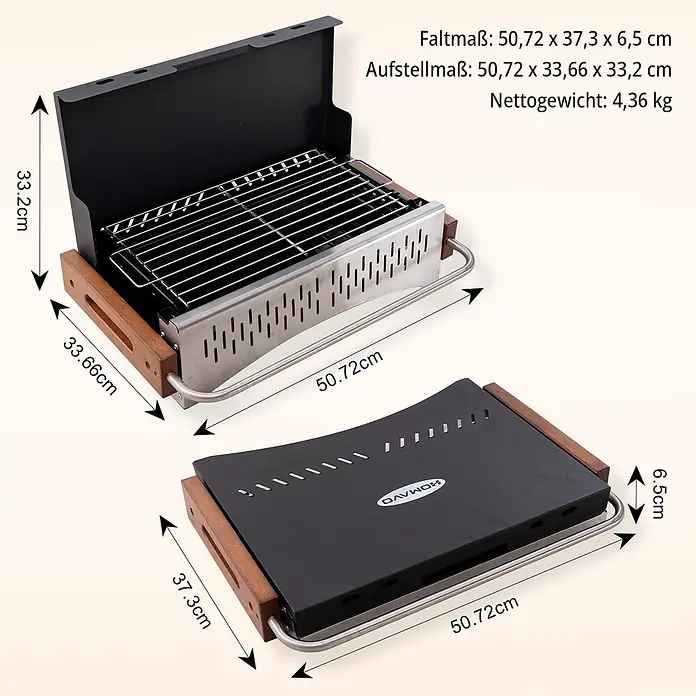 HOMAVO Holzkohlegrill - schwarz - Tragbarer Holzkohlegrill aus schwarzem Metall mit Edelstahlrosten und Holzgriffen, zusammenklappbar.
